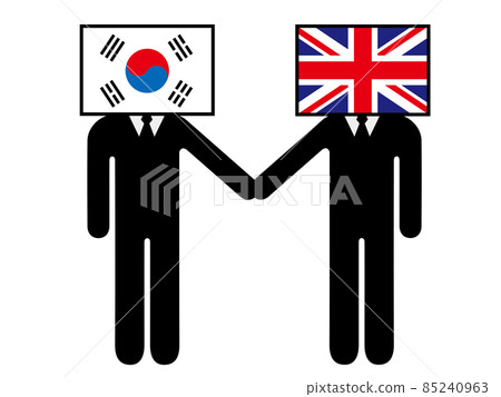 Pictogram symbol graphic material of a person who made an anthropomorphic character of the national flag shook hands by South Korea and the United Kingdom Pictogram symbol graphic material of a person who made an anthropomorphic character of the national flag shook hands by South Korea and the United Kingdom 85240963