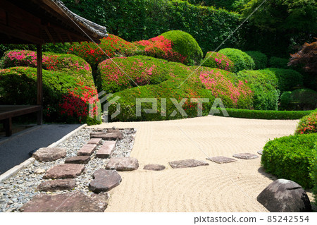 【瀨戶內33觀音聖地】岡山縣高橋市杜鵑花盛開的干燥庭園和藍色海浪13號雷久寺 85242554