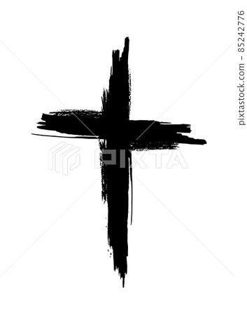 Hand drawn black grunge cross icon, simple Christian cross sign, hand-painted cross symbol created with real ink brush isolated on white background. 85242776