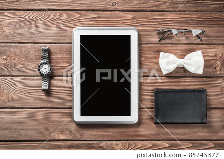 Hipster set on wooden table Hipster set on wooden table 85245377