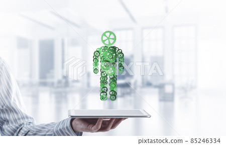 Silhouette or design of man presented as one working mechanism and engine 85246334