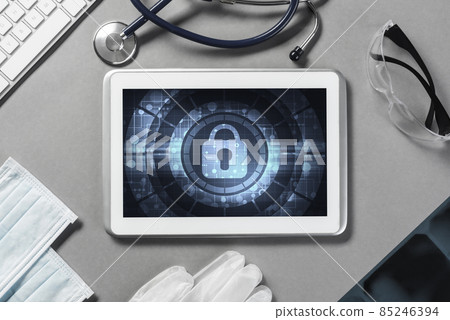 Web security and technology concept with tablet pc on table 85246394