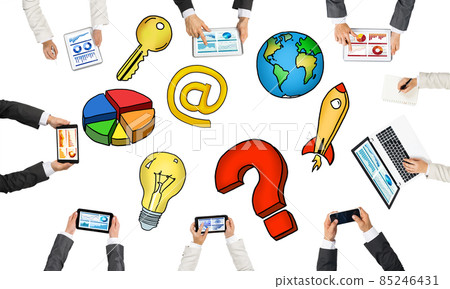 Top view of businesspeople sitting at table and using gadgets 85246431