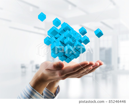 Concept of technology integration and innovation presented by cube figure. Mixed media Concept of technology integration and innovation presented by cube figure. Mixed media 85246446