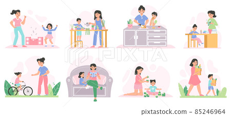 Motherhood activities, moms and children reading books, playing, cooking. Happy family, moms with kids spend time together vector illustration set. Mothers and children scenes 85246964