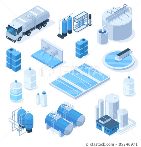 Isometric 3d water purification industrial system technology facilities. Industrial water tanks, pumping station vector illustration set. Industrial water facilities 85246971