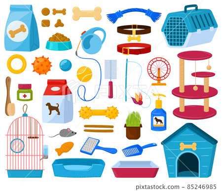 Cartoon pet shop accessories, cats, dogs food and toys. Dog and cat supplies, domestic animals care equipment. Vector illustration set. Pet shop assortment Cartoon pet shop accessories, cats, dogs food and toys. Dog and cat supplies, domestic animals care equipment. Vector illustration set. Pet shop assortment 85246985