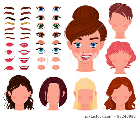 Cartoon girl face constructor, woman character avatar creator. Female face generator with eyes, brows, lips, noses vector illustration set. Girl face construction 85246988