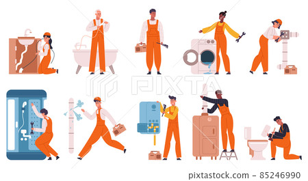 Plumbers fixing leakage, repairing pipes and heating system. Home repair masters, plumber characters fixing heating pipes vector illustration set. Plumbing fixing scenes 85246990