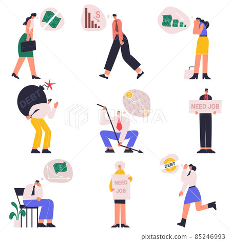 Bankruptcy, company financial trouble, business problems and economical crisis. Stressed office workers in financial crisis vector illustration set. Company financial trouble Bankruptcy, company financial trouble, business problems and economical crisis. Stressed office workers in financial crisis vector illustration set. Company financial trouble 85246993
