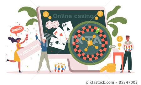 Online internet gambling, online casino, poker, roulette concept. Internet casino winners, online poker and slots vector illustration. Lucky characters play online casino Online internet gambling, online casino, poker, roulette concept. Internet casino winners, online poker and slots vector illustration. Lucky characters play online casino 85247002