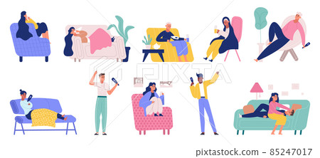 Sick and recovered people, person with flu or cold symptoms at home. Flu, virus symptoms, characters with fever disease vector illustration set. Adults having influenza 85247017