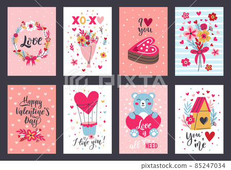 Valentines day cute romantic lovely elements greeting cards. Heart shapes, gifts and flowers romantic posters vector illustration set. Happy valentines day decorations cards Valentines day cute romantic lovely elements greeting cards. Heart shapes, gifts and flowers romantic posters vector illustration set. Happy valentines day decorations cards 85247034