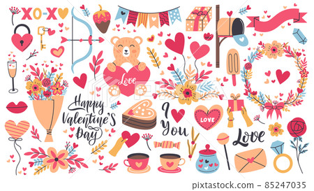 Romantic valentines day stickers, heart shape and love letter. Valentines day elements, sweets, flowers and gifts vector illustration set. Cute romantic holiday stickers Romantic valentines day stickers, heart shape and love letter. Valentines day elements, sweets, flowers and gifts vector illustration set. Cute romantic holiday stickers 85247035