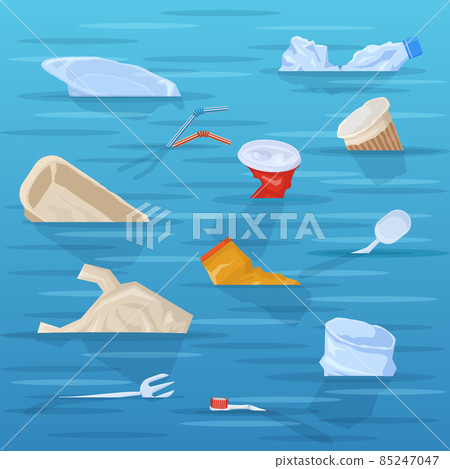 Polluted ocean, plastic disposable trash floating in water. Disposable plastic garbage in polluted ocean or sea water vector illustration. Nature polluting plastic trash 85247047