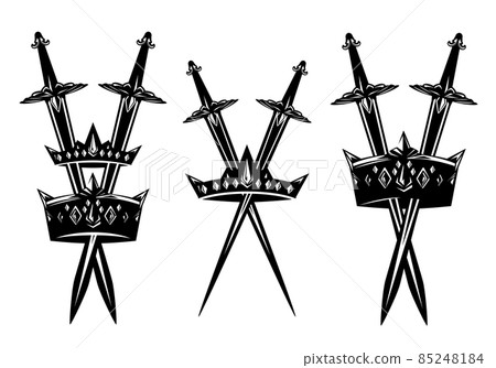 black and white vector design of king and queen coat of arms with crowns and swords 85248184