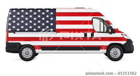 The United States flag painted on commercial delivery van. Freight delivery in The USA, concept. 3D rendering The United States flag painted on commercial delivery van. Freight delivery in The USA, concept. 3D rendering 85251562