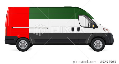 The United Arab Emirates flag painted on commercial delivery van. Freight delivery in the UAE, concept. 3D rendering The United Arab Emirates flag painted on commercial delivery van. Freight delivery in the UAE, concept. 3D rendering 85251563