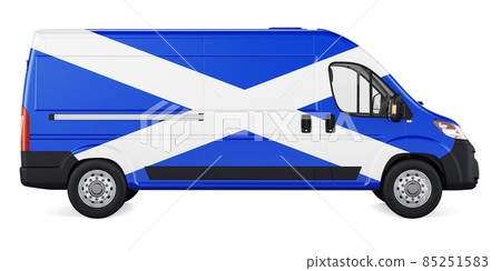 Scottish flag painted on commercial delivery van. Freight delivery in Scotland, concept. 3D rendering Scottish flag painted on commercial delivery van. Freight delivery in Scotland, concept. 3D rendering 85251583