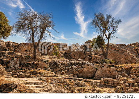 Ancient stone ruins in fortress Angelocastro, Corfu, Greece. 85251723