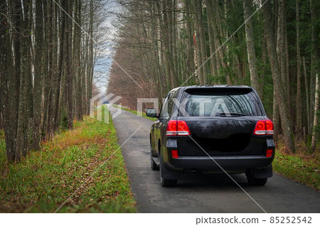 Belarus, Belovezhskaya Pushcha, November 05, 2021 - a Toyota Land Cruiser jeep rides along the road in the autumn forest, rear view. Belarus, Belovezhskaya Pushcha, November 05, 2021 - a Toyota Land Cruiser jeep rides along the road in the autumn forest, rear view. 85252542