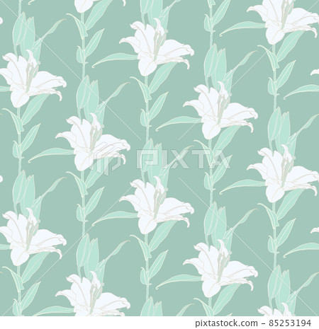 Floral seamless pattern of white and mint green color lily flowers with silver outline. Decorative print for wallpaper, wrapping, textile, fashion fabric or other printable covers. Floral seamless pattern of white and mint green color lily flowers with silver outline. Decorative print for wallpaper, wrapping, textile, fashion fabric or other printable covers. 85253194