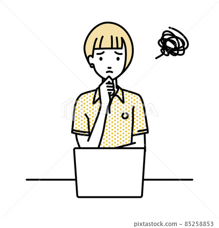 A woman in a polo shirt sitting at a desk and opening her PC A woman in a polo shirt sitting at a desk and opening her PC 85258853
