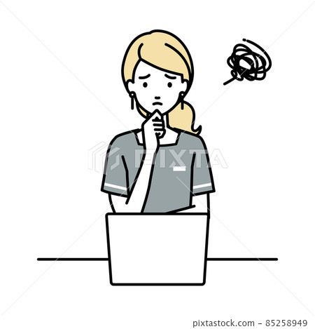 A woman who is a beauty salon clerk who is in trouble sitting at a desk and opening a PC A woman who is a beauty salon clerk who is in trouble sitting at a desk and opening a PC 85258949