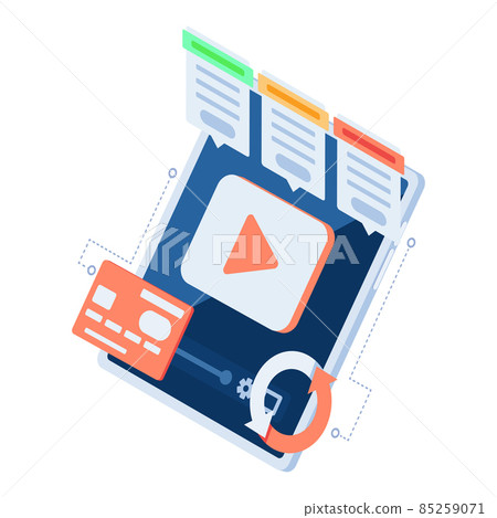 Isometric Video Play Icon on Digital Tablet with Subscription Plan Table 85259071