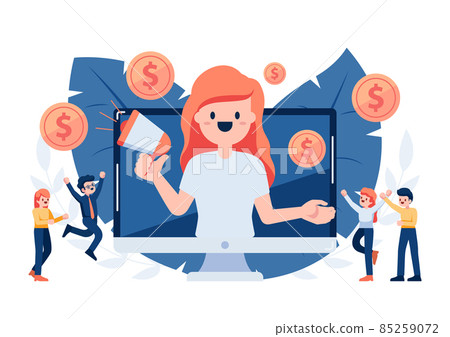 Woman Inside Monitor Shouting Through Megaphone to Refer A Friend 85259072