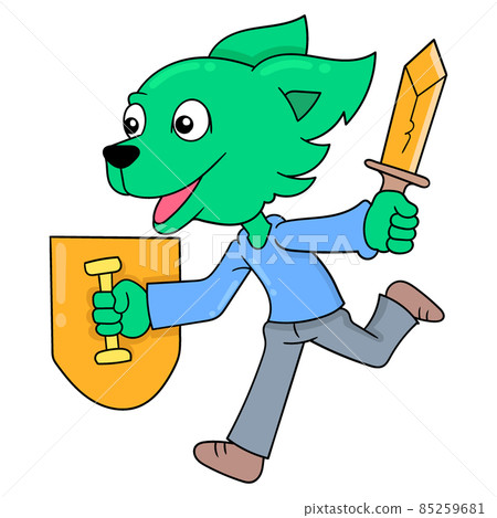 swordsman dog carrying sword and shield ready to attack war, doodle icon image kawaii 85259681
