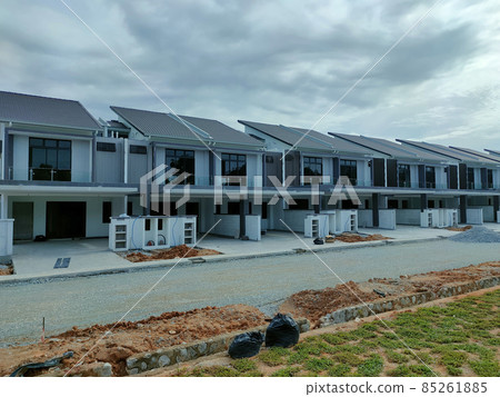 SEREMBAN, MALAYSIA -APRIL 16, 2020: Selected focused on new double story terrace house under construction in Malaysia. Designed by an architect with a modern and contemporary style.  85261885