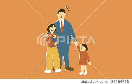 一個年輕的四口之家的插圖：媽媽、爸爸和女兒抱著嬰兒 85264726