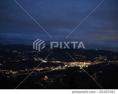Night panorama from Madonna della Guardia votive offering sanctuary on Genoa mountain hill Night panorama from Madonna della Guardia votive offering sanctuary on Genoa mountain hill 85265381