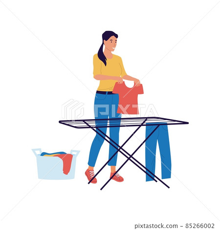 Woman lays things out on dryer. Housekeeper dries laundry on clothesline. Young female character hangs t-shirt and pants on rope. Household collapsible equipment. Vector chores concept Woman lays things out on dryer. Housekeeper dries laundry on clothesline. Young female character hangs t-shirt and pants on rope. Household collapsible equipment. Vector chores concept 85266002