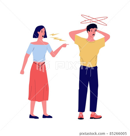 Girl yells at boy. Couple quarrels. Woman screams at boyfriend. Stressed man ignores girlfriend. Communication problem. Divorce and relationship conflict. Vector aggressive conversation Girl yells at boy. Couple quarrels. Woman screams at boyfriend. Stressed man ignores girlfriend. Communication problem. Divorce and relationship conflict. Vector aggressive conversation 85266005