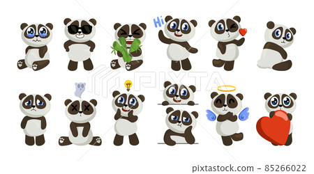 Cartoon panda. Cute baby bear mascot. Jungle animal character with smile face. Happy zoo pets emotion expression. Chinese teddy with bamboo and hearts. Vector adorable mammals set 85266022