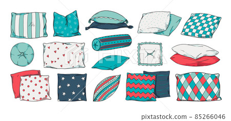 Decorated pillows sketch. Cartoon hand drawn cushions collection with doodle patterns. Soft sofa or bed decorative textile. Bedroom and living room interior accessory. Vector bedding set 85266046