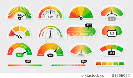 Meter level. Score measure graphic dial with different colors. Speedometer gauge indicator or customer satisfaction metering graph. Progress scale with arrows. Vector infographics set Meter level. Score measure graphic dial with different colors. Speedometer gauge indicator or customer satisfaction metering graph. Progress scale with arrows. Vector infographics set 85266053