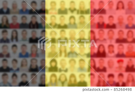 Portraits of many people on the background of the flag of Belgium. The concept of the population and demographic state of the country 85268498