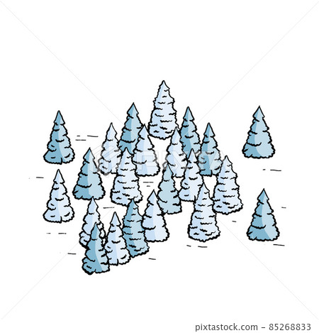 Christmas trees in forest with snow. Winter Natural landscape for retro maps in engraving style Christmas trees in forest with snow. Winter Natural landscape for retro maps in engraving style 85268833