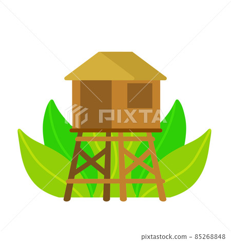 Bungalow. Tropical hut on poles. Exotic southern wooden house. Flat cartoon illustration Bungalow. Tropical hut on poles. Exotic southern wooden house. Flat cartoon illustration 85268848