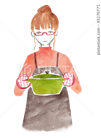 Watercolor illustration of a woman holding a pot 85270771