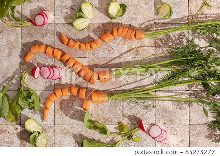 Bunch of carrot roots, Brussels sprouts and ripe radishes with green leaves on stone tales of earth tones top view. Healthy eating and dieting food concept. Bunch of carrot roots, Brussels sprouts and ripe radishes with green leaves on stone tales of earth tones top view. Healthy eating and dieting food concept. 85273277