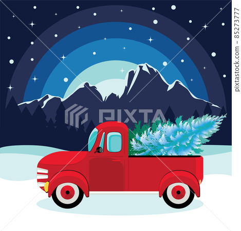 Red pickup with evergreen tree and forest 85273777