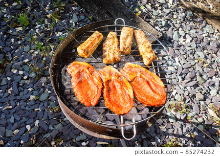 Home barbecue in the garden of the house Pork saute with sauce and pork ribs Home barbecue in the garden of the house Pork saute with sauce and pork ribs 85274232