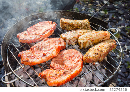 Home barbecue in the garden of the house Pork saute with sauce and pork ribs Home barbecue in the garden of the house Pork saute with sauce and pork ribs 85274236