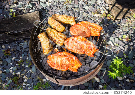 在房子的花園裡的家庭燒烤豬肉用醬汁和排骨炒 85274240