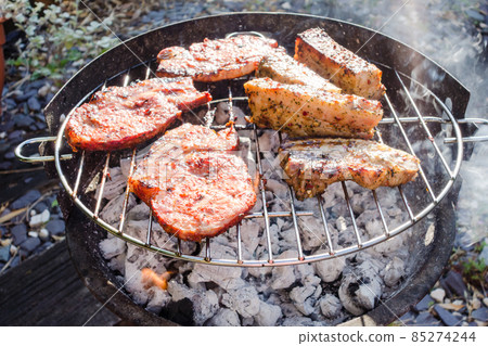 Home barbecue in the garden of the house Pork saute with sauce and pork ribs Home barbecue in the garden of the house Pork saute with sauce and pork ribs 85274244