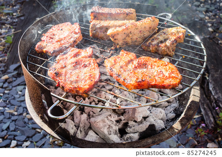 Home barbecue in the garden of the house Pork saute with sauce and pork ribs Home barbecue in the garden of the house Pork saute with sauce and pork ribs 85274245